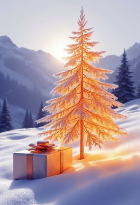 A snowy landscape with a single pine tree in the center