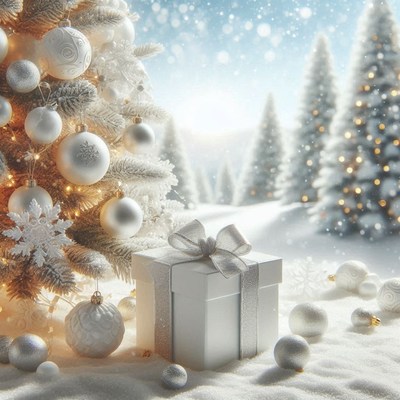 A white christmas present sits under a snowy pine tree