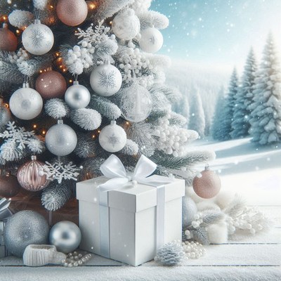 A snowy christmas tree with ornaments and a white gift box