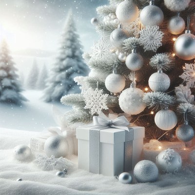 A snowy christmas tree with gifts and ornaments