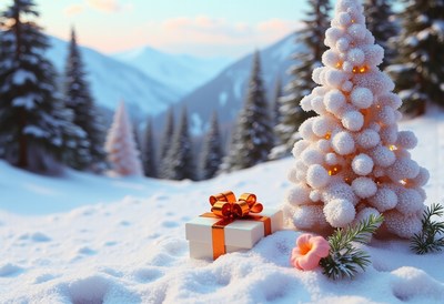 A snowy christmas tree sits in a mountain landscape