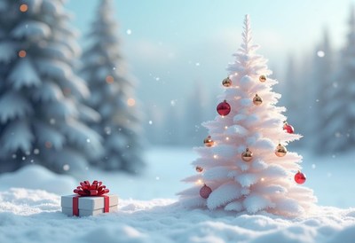 A snowy christmas tree with ornaments in a winter forest