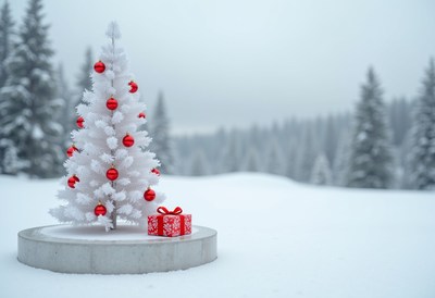 A white christmas tree with red ornaments stands in the snow