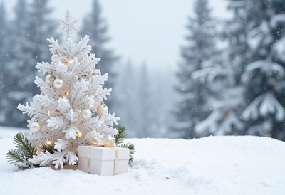 A white christmas tree with gifts in the snow