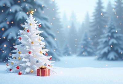 A white christmas tree stands in a snowy forest
