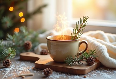 Tea on a wooden board with pine branches