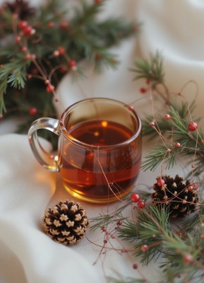 A glass mug of tea sits among pine branches and pine cones