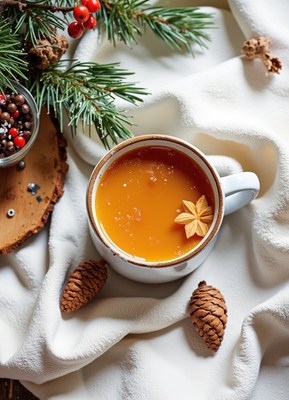 Warm cider on a white cloth with pine decor