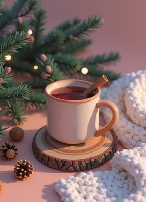 A cozy tea mug with cinnamon on a wood slice