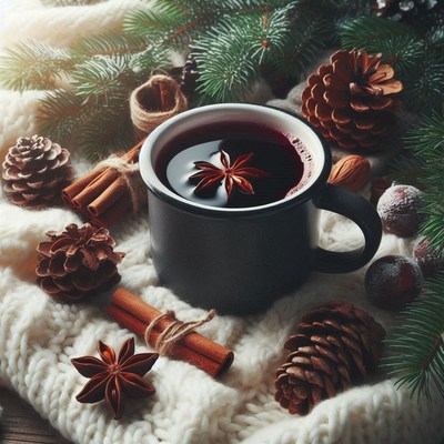 Spiced tea on a white blanket with pine branches