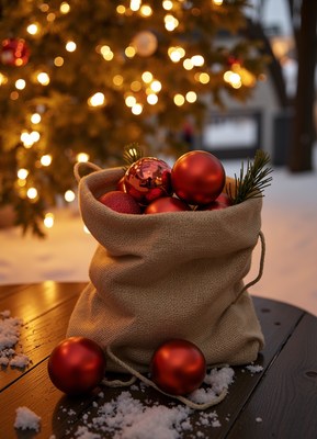 Burlap bag with red ornaments rests by a tree
