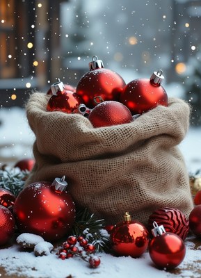 Red christmas ornaments in a burlap sack on a snowy day