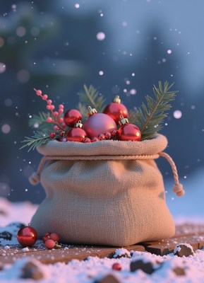 Burlap sack of ornaments rests on the snow