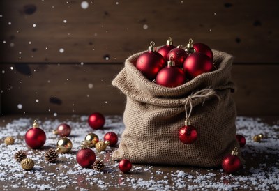 Red ornaments in a burlap sack on a snowy table