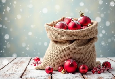 Red ornaments in a burlap sack on a snowy table