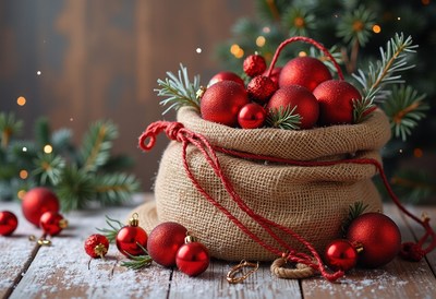 Red christmas ornaments in a burlap sack