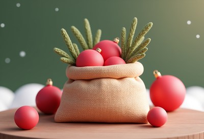 Burlap sack with red ornaments on a wooden table