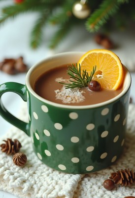 Green polka dot mug with hot chocolate, orange, rosemary