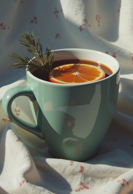 Green tea mug with orange slice and rosemary