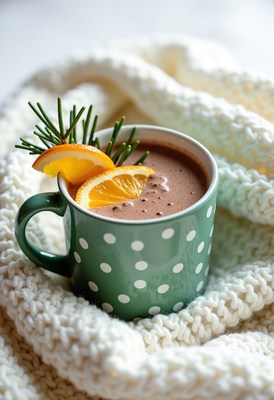 Polka-dotted mug of hot chocolate on a blanket