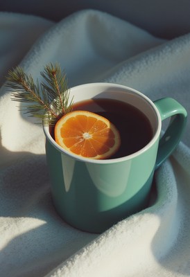 A warm drink with orange and pine in a green mug