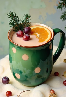 A green mug with white polka dots sits on a white surface