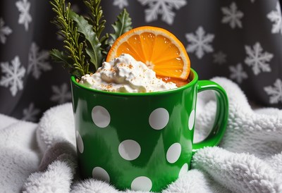 Green polka-dotted mug of cocoa with toppings
