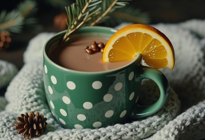 Green polka dot mug with hot chocolate and orange