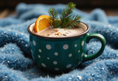 Green polka dot mug with cocoa, orange slice, pine