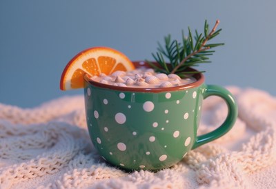 A green polka dot mug holds a warm drink with toppings