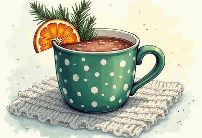 Cozy hot chocolate with orange slice and pine sprig
