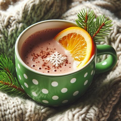 Green polka dot mug with hot cocoa, orange, snowflake
