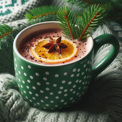Green mug of hot chocolate with orange and star anise
