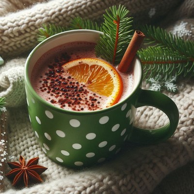 A warm mug of spiced hot chocolate with orange and cinnamon