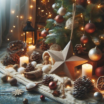 A rustic christmas scene with a star, pinecones, and candles