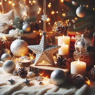 A silver star hangs by a lit christmas tree