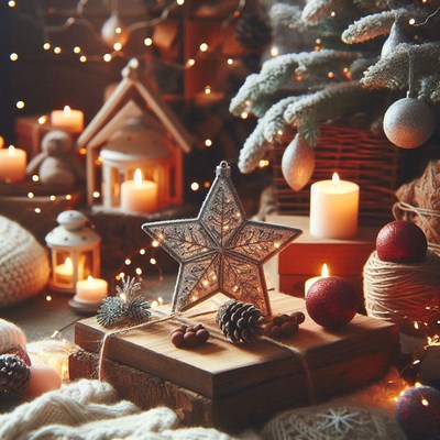 A glowing star sits on a gift under a christmas tree