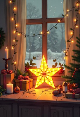 A glowing star on a windowsill overlooks snow
