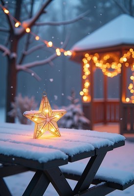 A lit star sits on a snow-covered table in a winter backyard