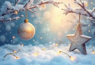 A snowy winter scene with a gold ornament and a wooden star