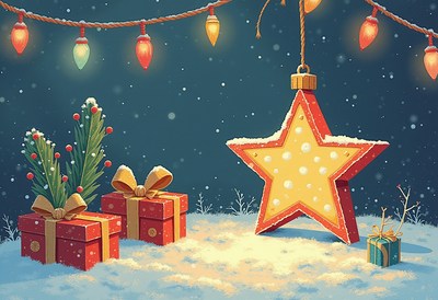 A large star ornament hangs in the snow on a winter night