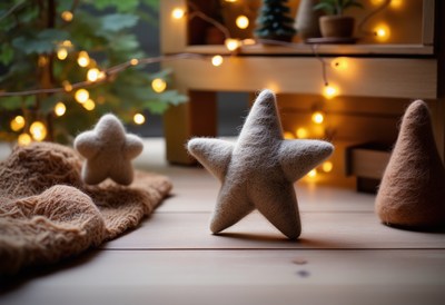 A felt star on a wooden table with string lights