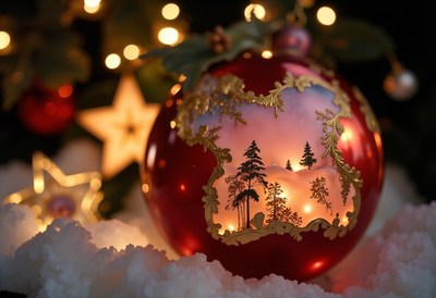 Red ornament with winter scene on fake snow
