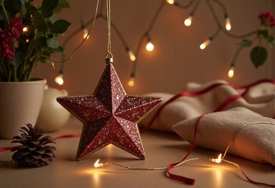 A sparkling red star ornament hangs from string lights