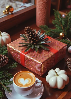 Cozy christmas coffee with gifts and pine