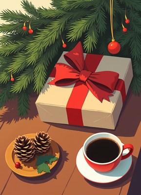 Gift under fir, coffee, and pine cones nearby