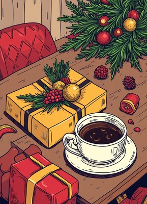 A cup of coffee sits on a wooden table