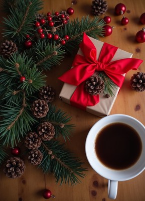 A gift by coffee on a wooden table with ornaments