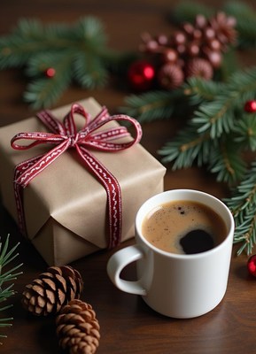 A brown gift with red ribbon sits by a coffee cup
