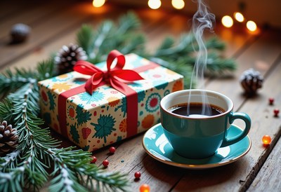 A warm cup of coffee and a gift on a wooden table